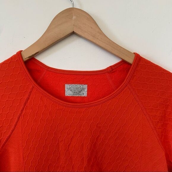 Athleta Bright Orange Honeycomb Round Neck Workout‎ Stretchy Short Sleeve Shirt - Picture 2 of 5
